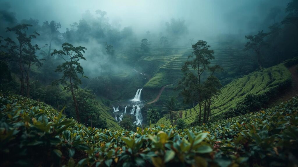 Munnar tea plantations in monsoon with mist-covered hills, lush green tea bushes, and waterfalls in Kerala