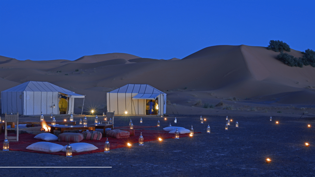 Desert camping experience under starry night sky in Rajasthan with traditional tents and campfire