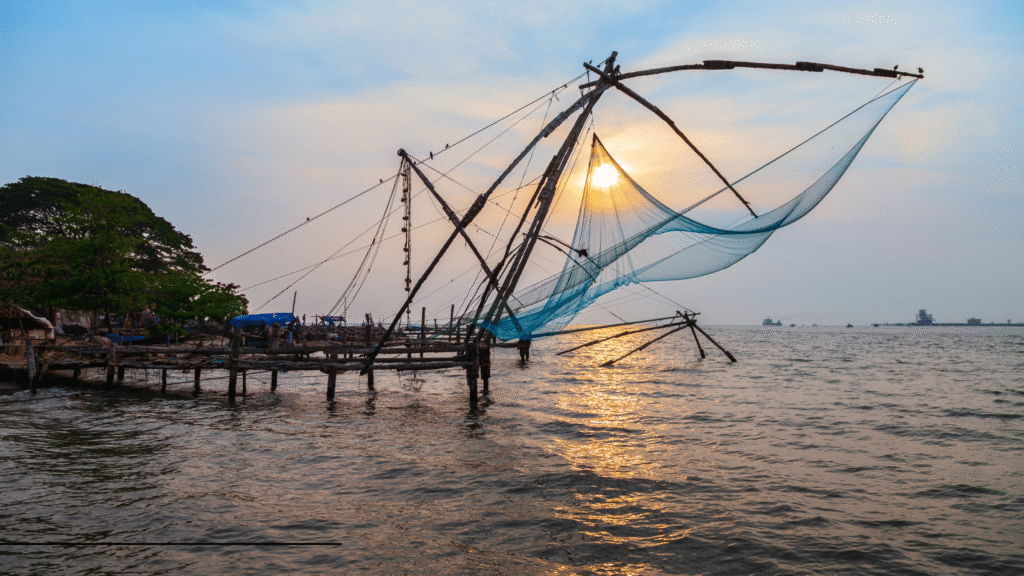 Fort kochi, Chinese fishing nets at Fort Kochi during sunset
