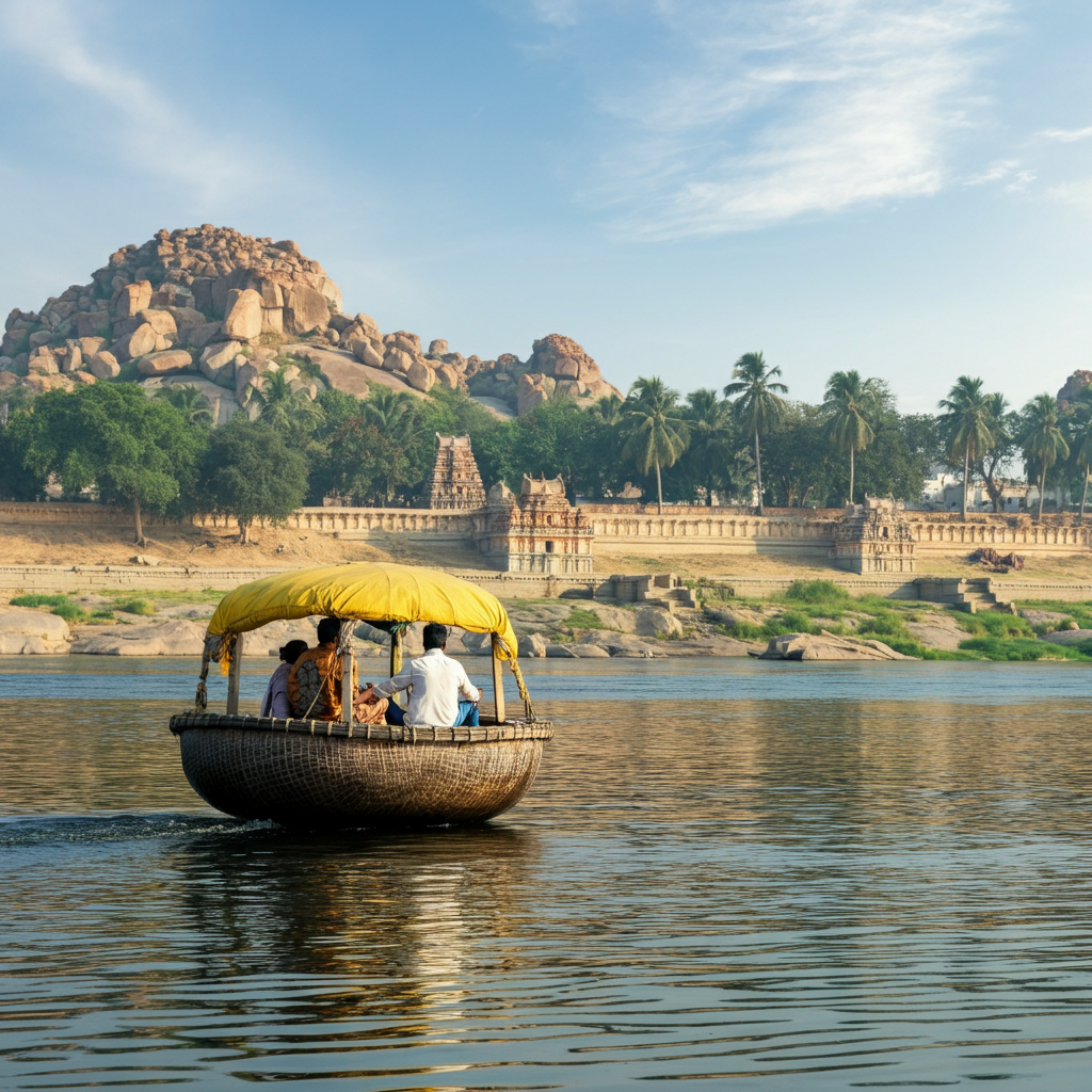 A serene coracle ride on the Tungabhadra River in Hampi, India, with a traditional round boat floating on calm waters.