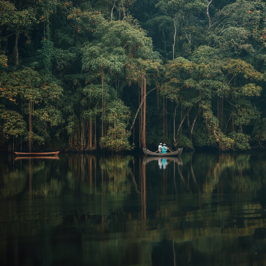 Gavi's pristine forest and calm lake with a canoe floating amidst lush greenery