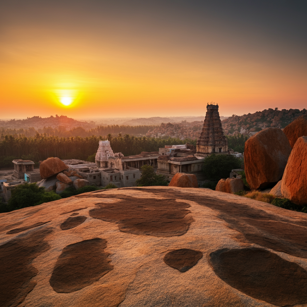 A scenic view of Hampi's boulders and ancient ruins under a golden sunrise, showcasing the unique rocky terrain and historical architecture.