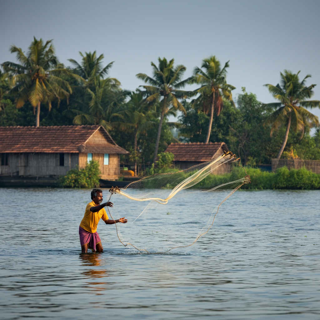 Local fisherman casting a net into the Kerala backwaters with a traditional village in the background.