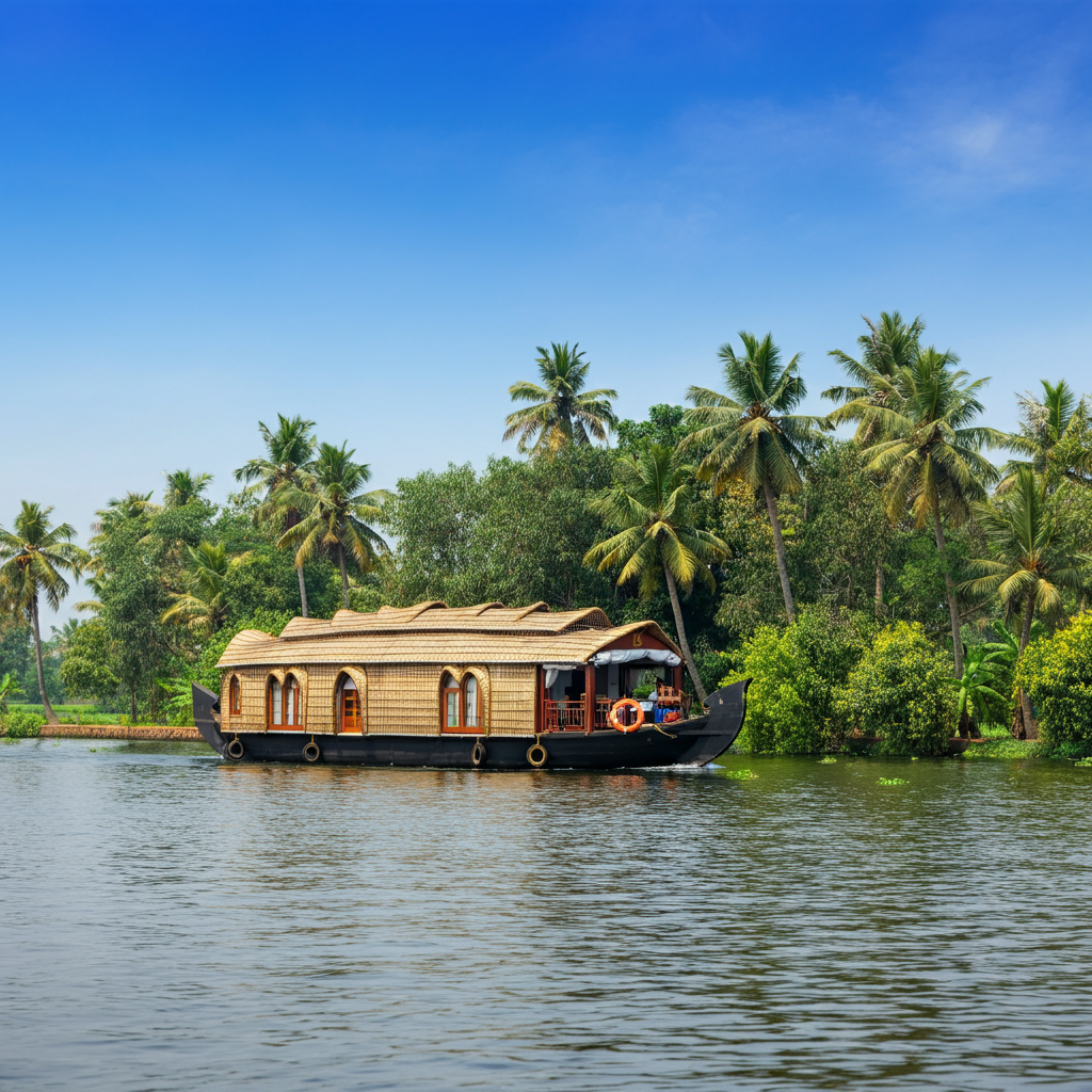 Traditional Kerala backwaters houseboat cruising through calm waters surrounded by lush greenery and palm trees.