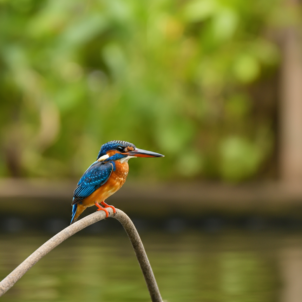 Vibrant kingfisher perched on a branch near the Kerala backwaters, with calm waters and lush greenery in the background.
