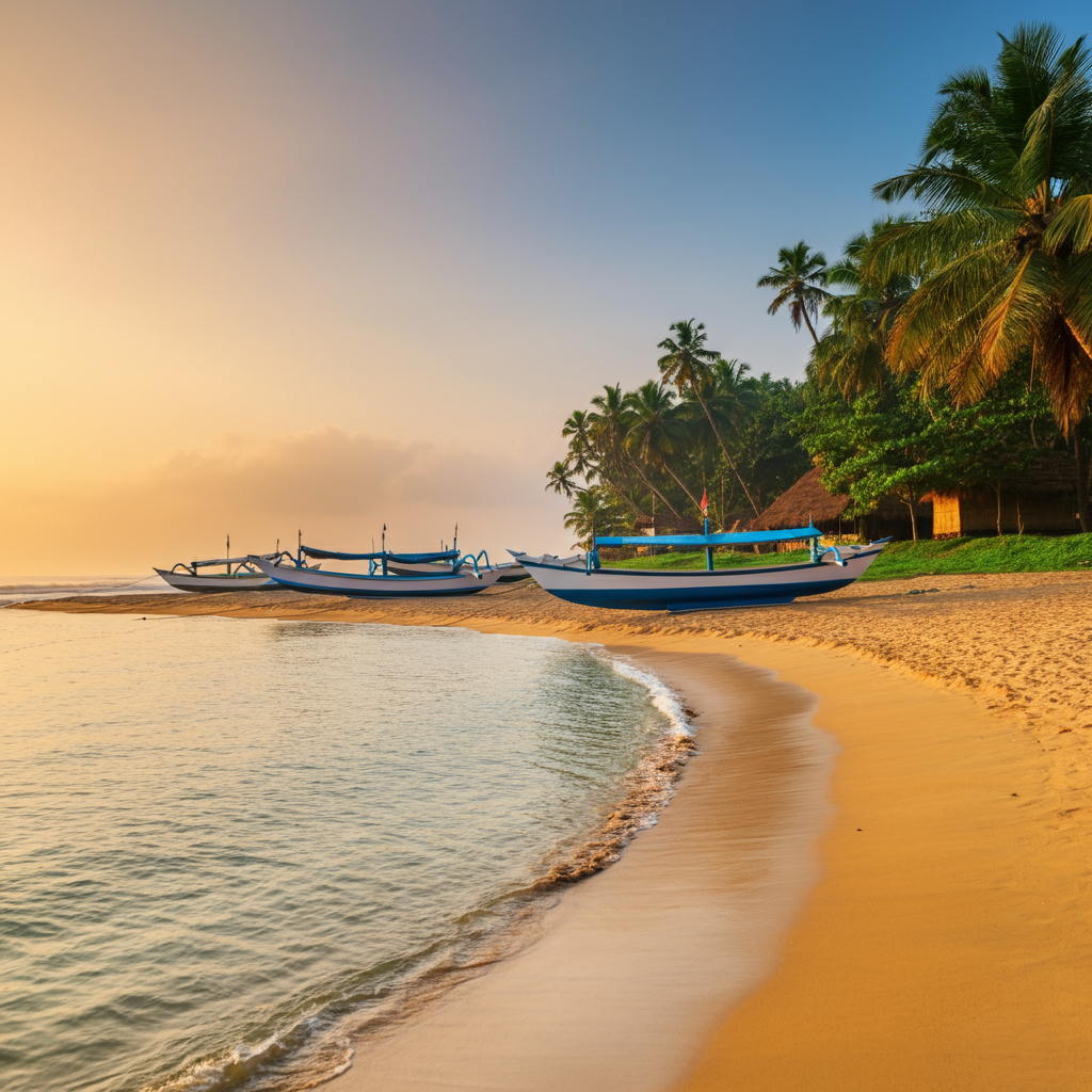A pristine beach in Kerala with golden sands, calm waves, and traditional fishing boats at sunset, offering a peaceful escape.