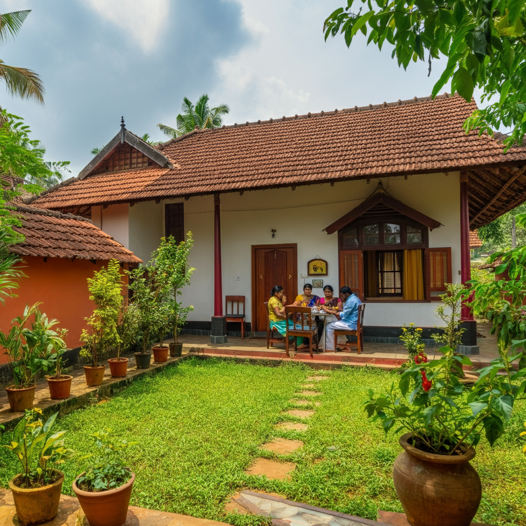 Traditional Kerala homestay with a family enjoying a meal, highlighting affordable and authentic accommodations. kerala on a budget