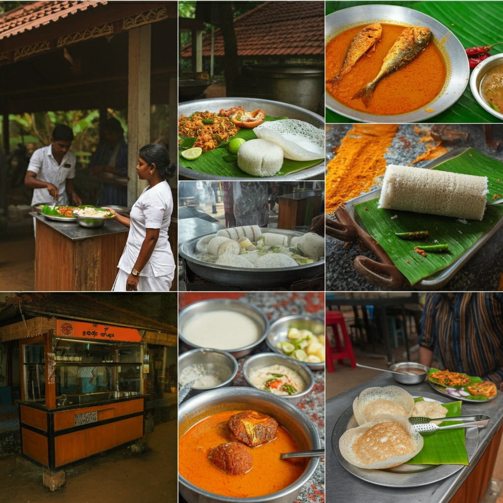 Kerala street food stall serving appam, puttu, and fish curry, showcasing affordable and delicious local cuisine.