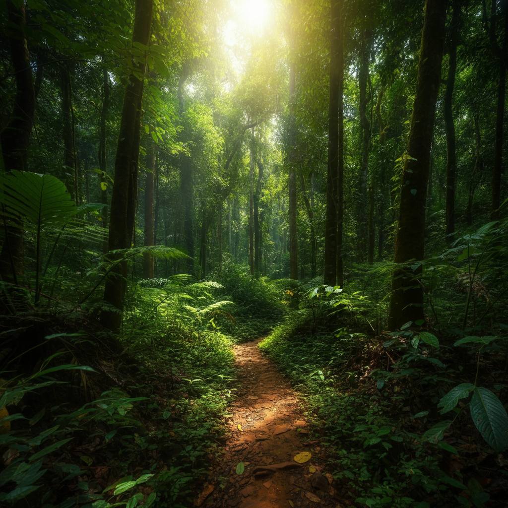 A dense tropical forest in Kerala with sunlight streaming through the canopy and a narrow trail surrounded by vibrant greenery.
