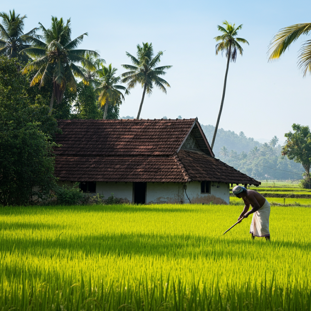 A tranquil village in Kerala with a traditional house, lush paddy fields, and a farmer working under a clear blue sky.