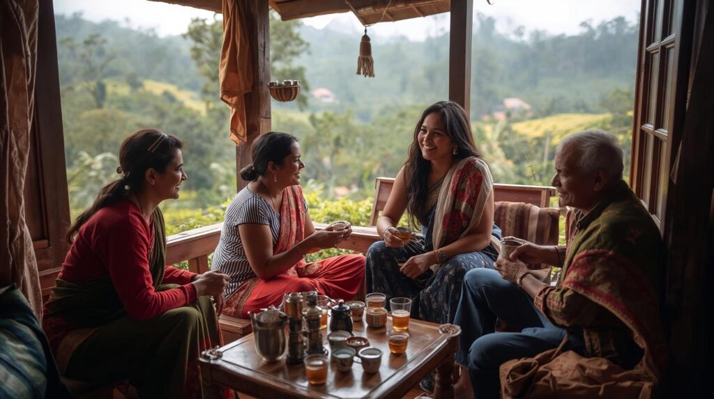 Local Munnar Kerala family sharing black tea with a guest in a traditional home surrounded by tea gardens.