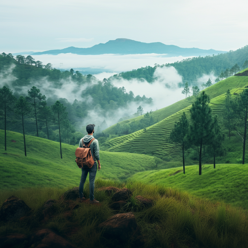 A misty hill station in Kerala with rolling green meadows, pine forests, and a lone traveler enjoying the breathtaking view.