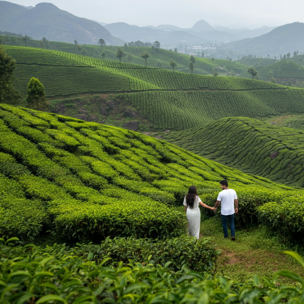 Couple walking through Munnar's misty tea gardens surrounded by vibrant green hills. honeymoon in kerala