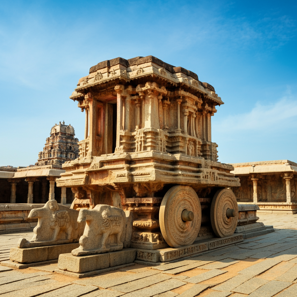The iconic Stone Chariot at Vittala Temple in Hampi, India, surrounded by intricate carvings and ancient temple structures.