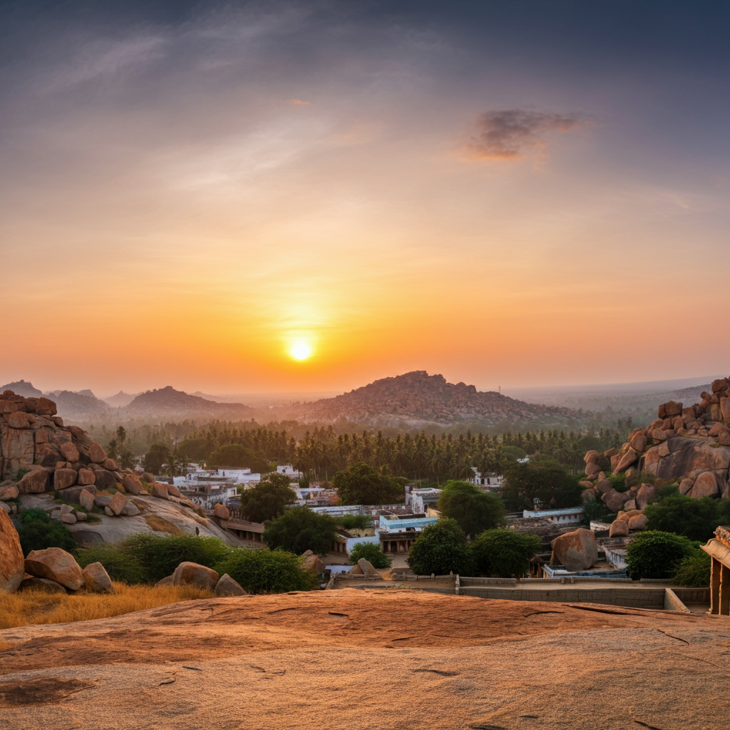 A breathtaking sunset view from Matanga Hill in Hampi, India, with the sun setting over the ancient ruins and boulders.