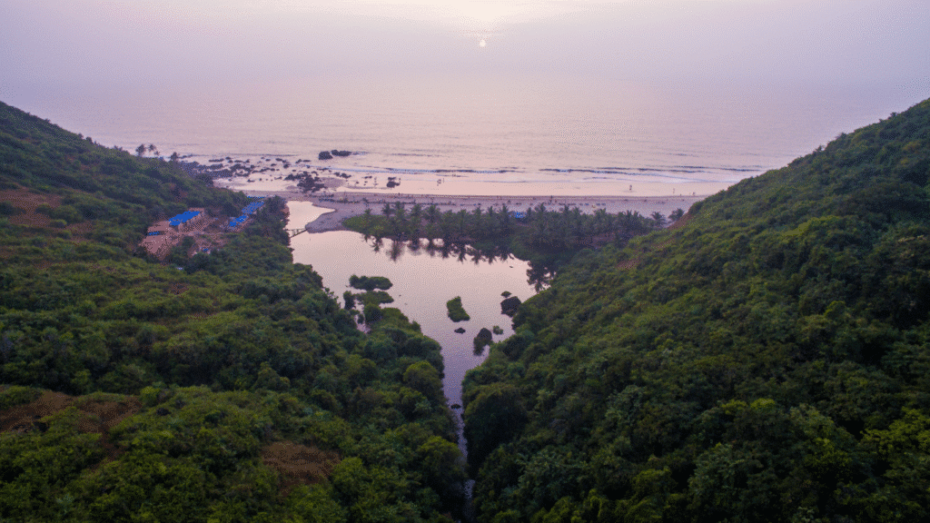 Kalacha Beach with its freshwater lagoon surrounded by greenery, offering a peaceful escape.Hidden Beach Gems in North Goa