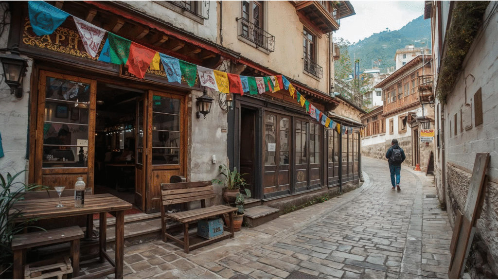 A vibrant street with a cozy cafe in Old Manali, a bohemian paradise and one of the best places for travelers to visit in Manali.