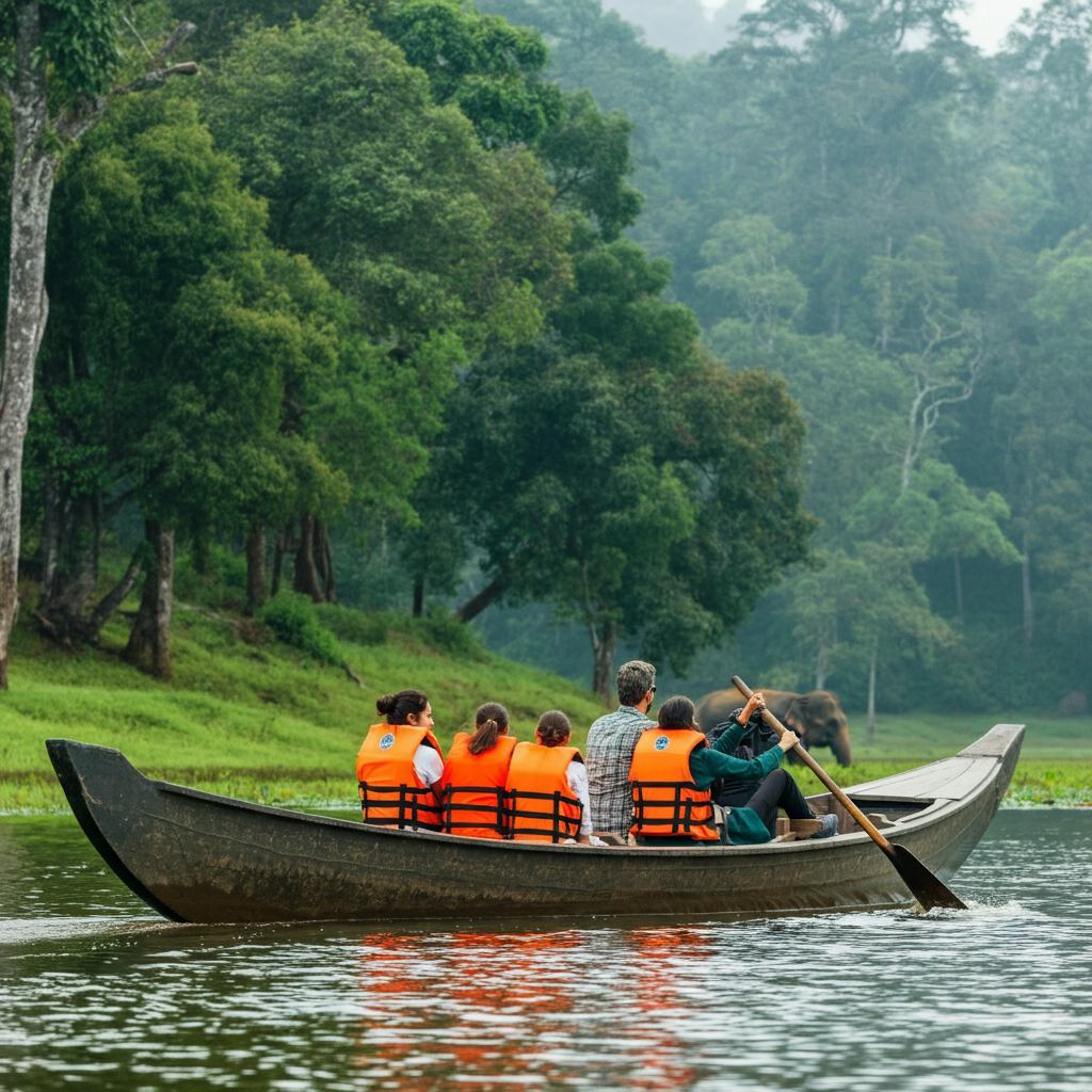 Family enjoying a boat safari in Thekkady, spotting elephants and lush greenery in Periyar National Park.