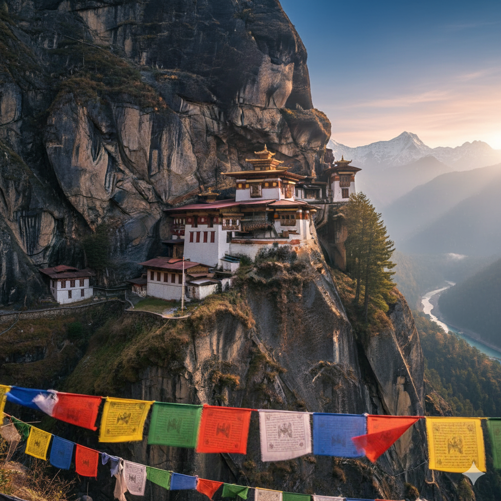 Tiger’s Nest Monastery in Bhutan perched on a cliff surrounded by lush greenery.