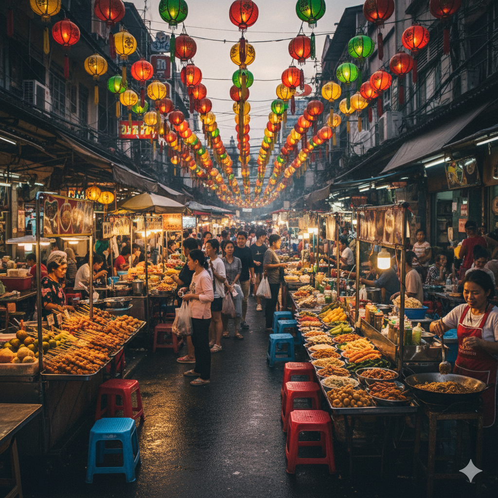 Bustling street market in Bangkok, Thailand, with colorful food stalls and lanterns.