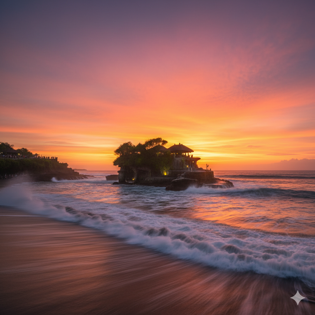 Tanah Lot temple in Bali, Indonesia, at sunset with ocean waves crashing around it.