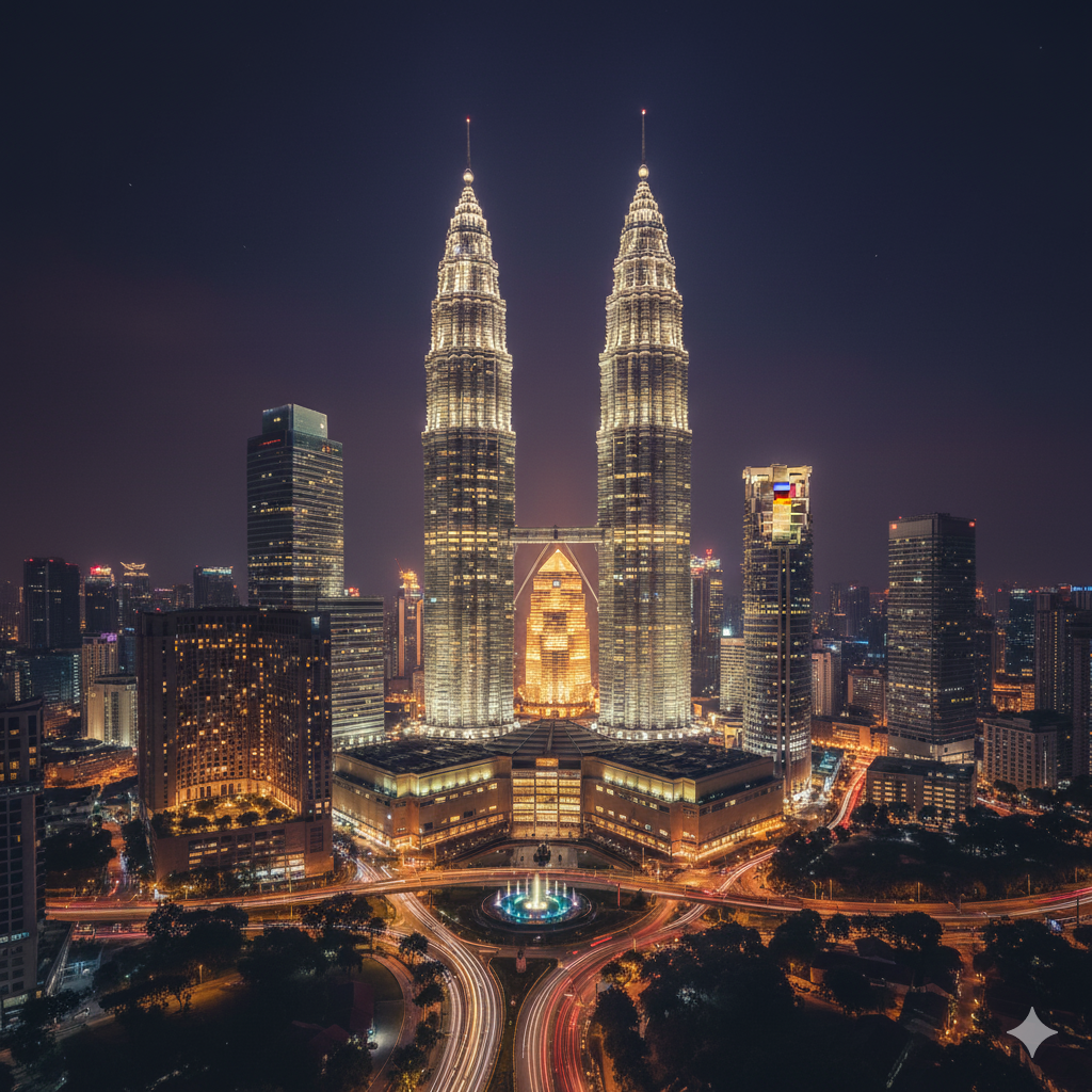Petronas Towers in Kuala Lumpur, Malaysia, illuminated at night with a vibrant cityscape.