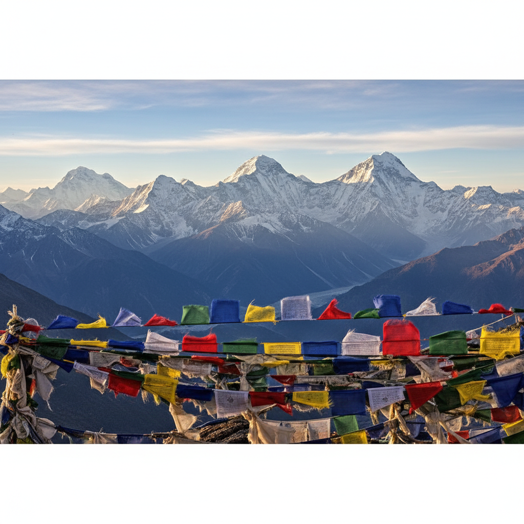 Himalayan mountain range in Nepal with colorful prayer flags in the foreground."