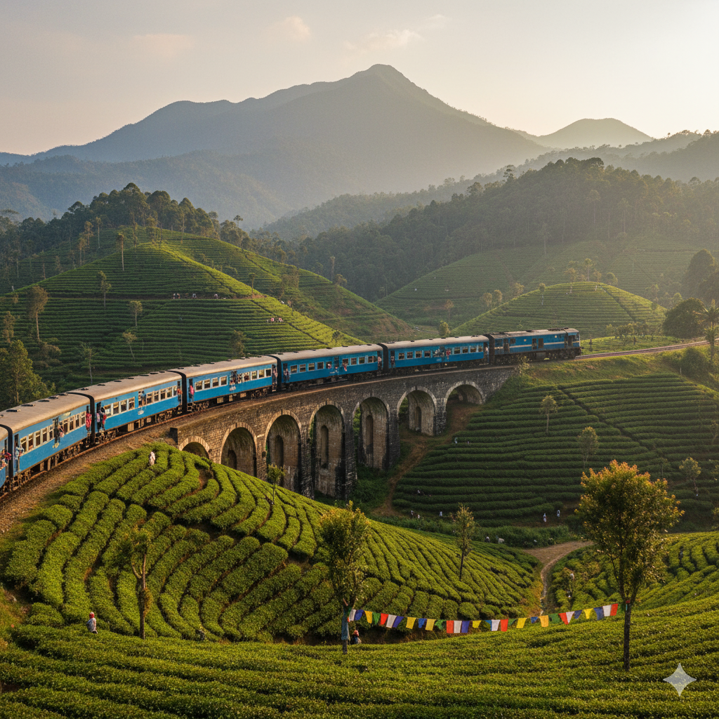 Scenic train passing through lush green tea plantations in Ella, Sri Lanka.