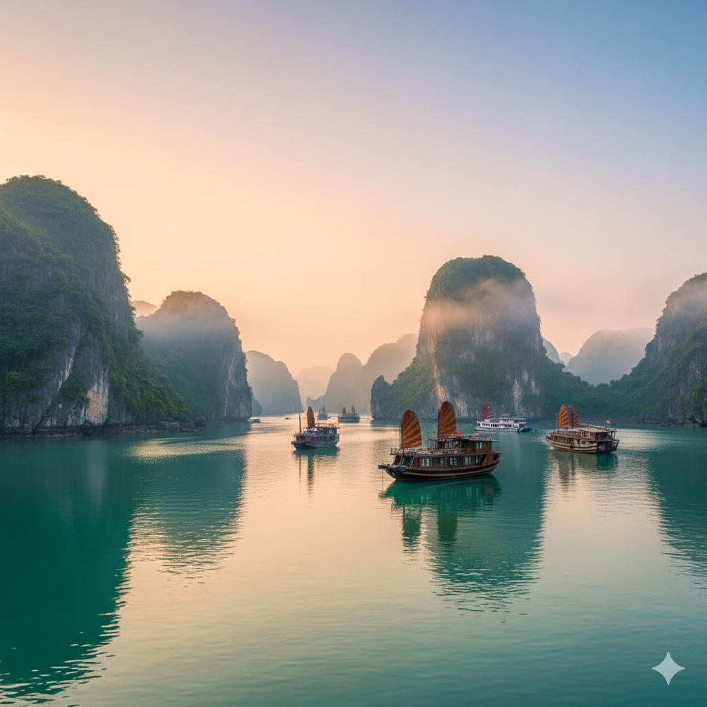 Halong Bay in Vietnam with limestone karsts and traditional wooden boats. cheapest countries to visit from India