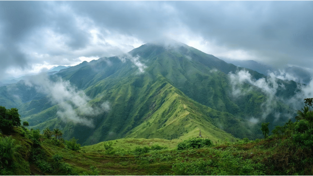 Breathtaking view of Kudremukh itinerary Peak surrounded by lush green hills and misty clouds.