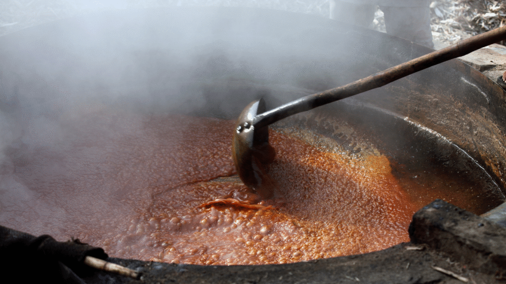 Traditional jaggery-making process in Kolhapur Maharashtra, showcasing sustainable agricultural practices and cultural heritage