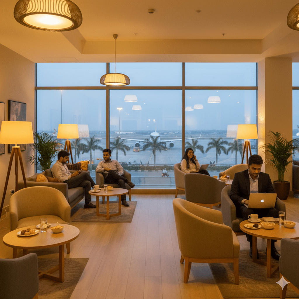 Travelers enjoying the comfort of a premium lounge at Ahmedabad Airport, complete with plush seating and refreshments