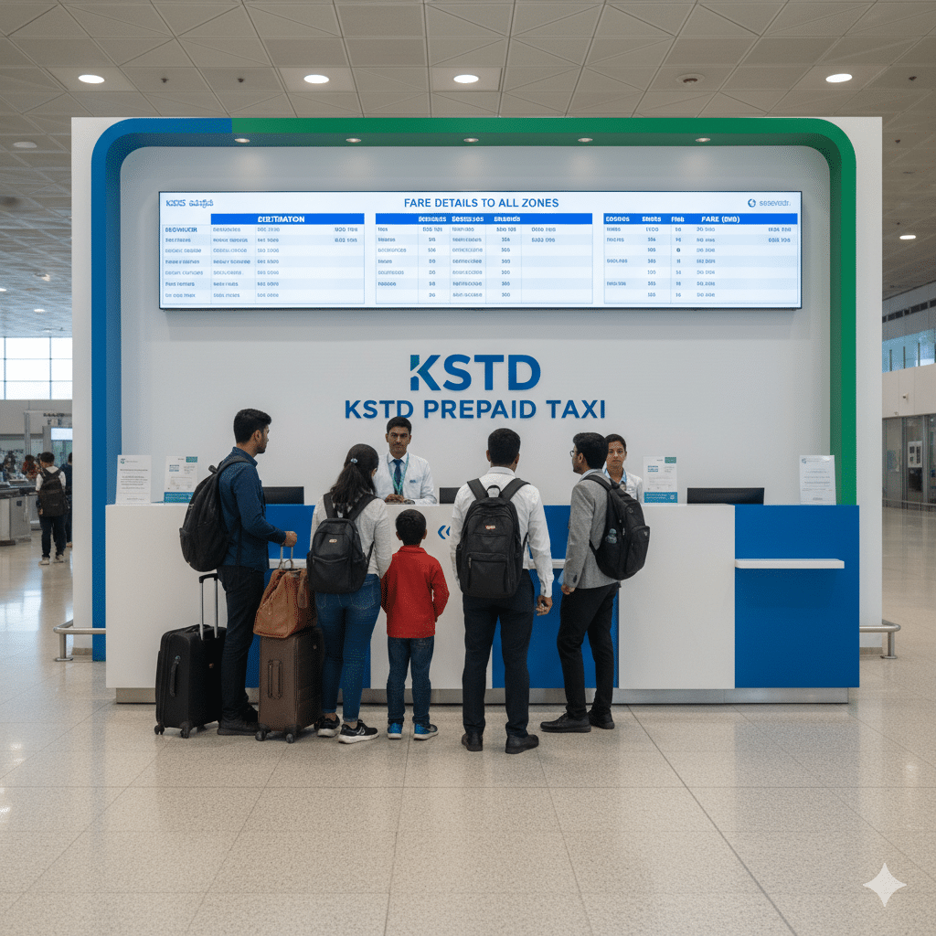 KSTDC prepaid taxi counter at Bengaluru airport, offering fixed-rate taxi services to the city.