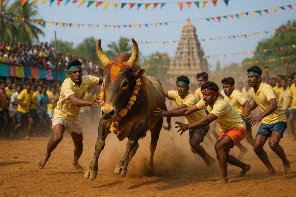 A thrilling Jallikattu event in Tamil Nadu with participants taming decorated bulls amidst a cheering crowd. pongal