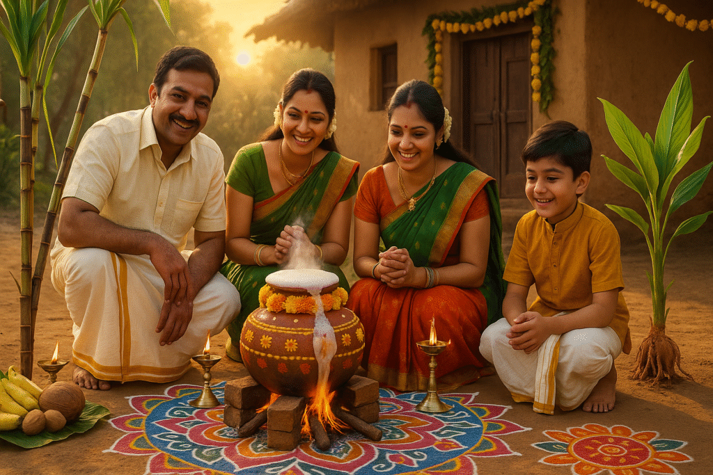 A family celebrating Pongal with a decorated pot of boiling rice and milk, surrounded by sugarcane and colorful kolams in Tamil Nadu.